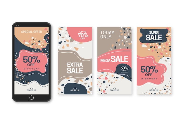 Free vector pack of instagram sale stories in terrazzo and hand drawn style