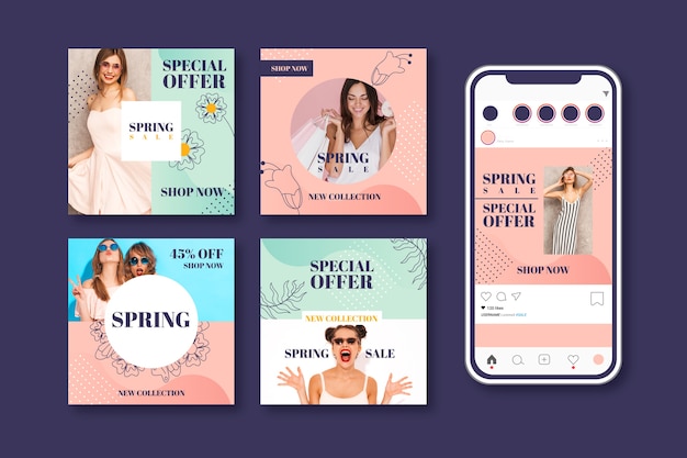 Free vector pack of lovely spring sale instagram posts