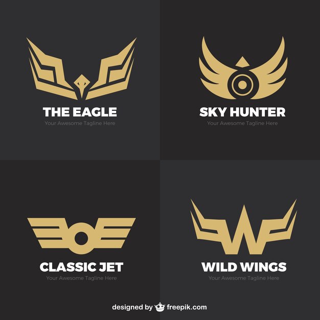 Pack of modern golden logos with wings