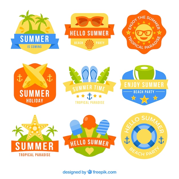 Free vector pack of nine colores labels ready for summer