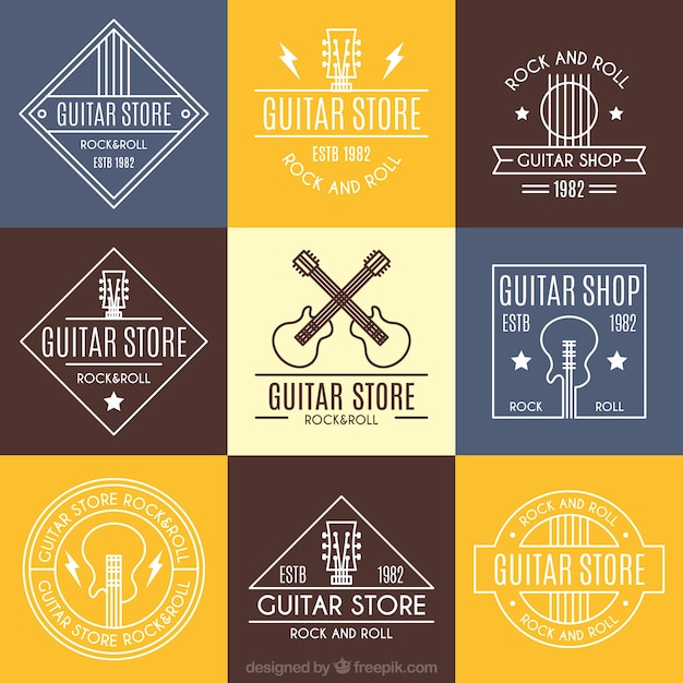 Free vector pack of nine flat guitar logos