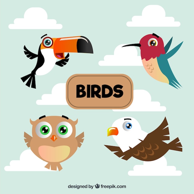 Бесплатное векторное изображение Пакет плоских птиц, летающих
