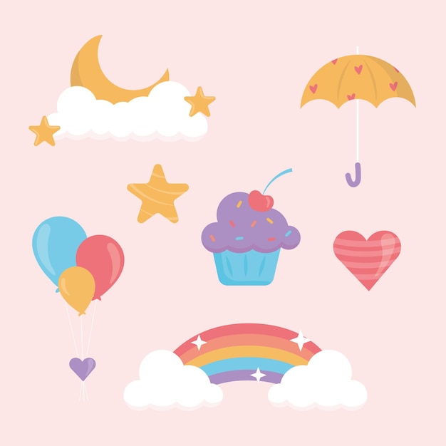 Бесплатное векторное изображение Пакет плоских элементов декора chuva de amor