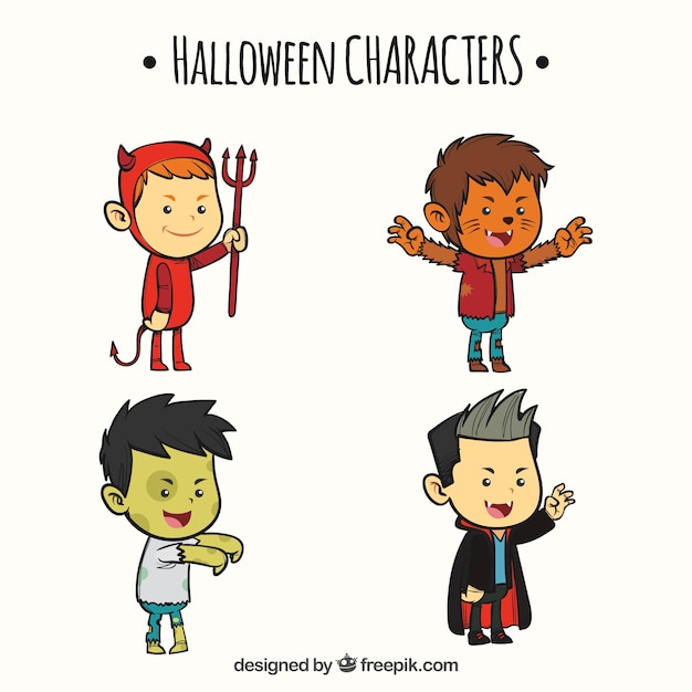 無料ベクター ハロウィンのキャラクターとして偽装された4人の子供のパック