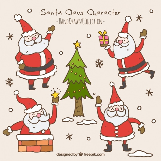 Бесплатное векторное изображение Пакет ручной обращается санта-клауса с рождественской елки