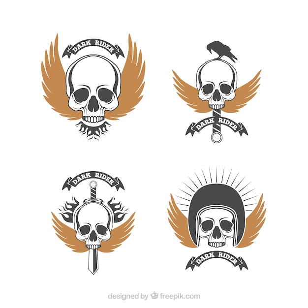 Бесплатное векторное изображение Пакет ретро эмблемы череп с золотыми крыльями