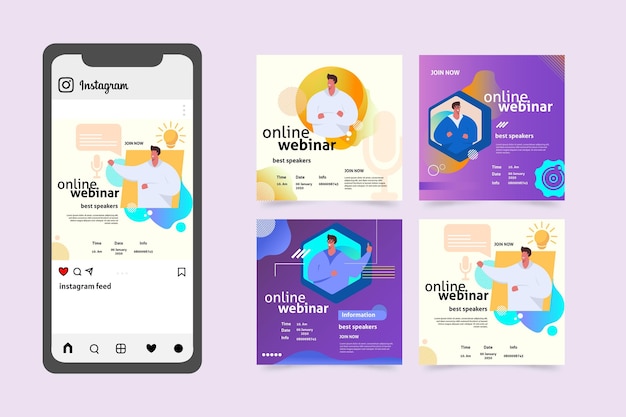 無料ベクター ウェビナーソーシャルメディア投稿のパック