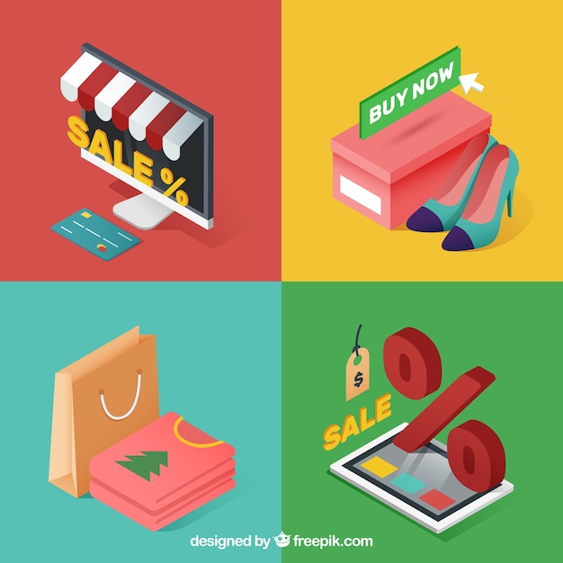 Pack of online shopping items in isometric style