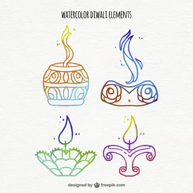 Free vector pack of ornamental watercolor diwali candles