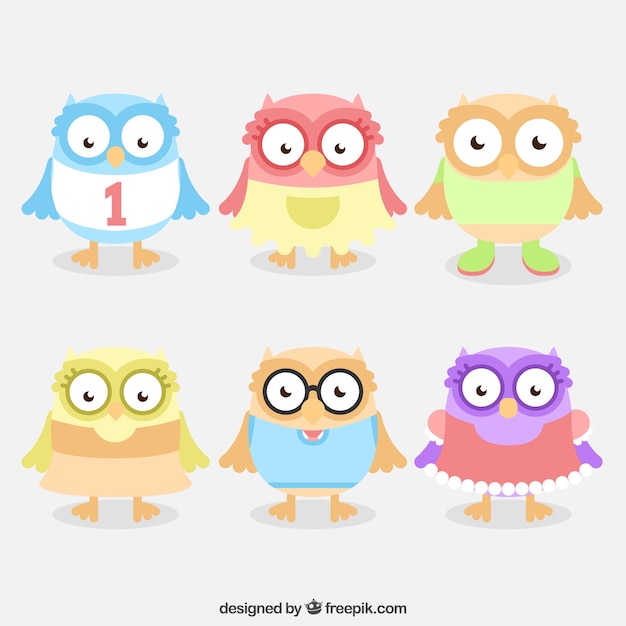 Free vector pack of owls with clothes in pastel color