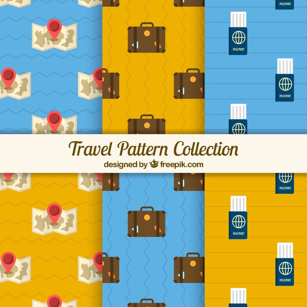 pack of patterns with travel elements in flat design 