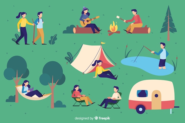 Pack of people camping flat design