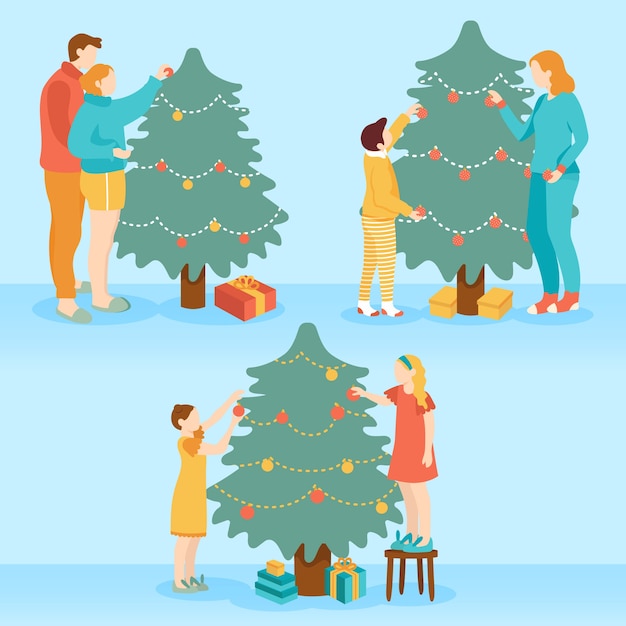 Pack of people decorating christmas tree