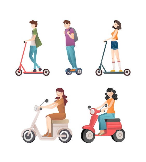 Free vector pack of people driving various electric transport