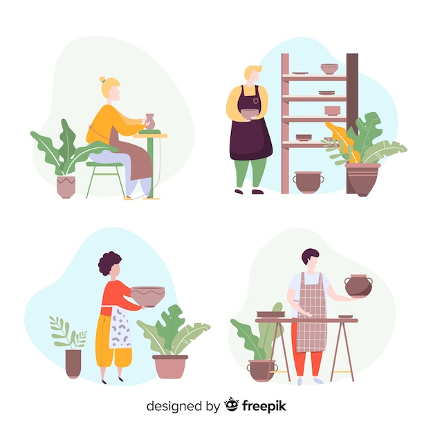 Free vector pack of people making pottery flat design