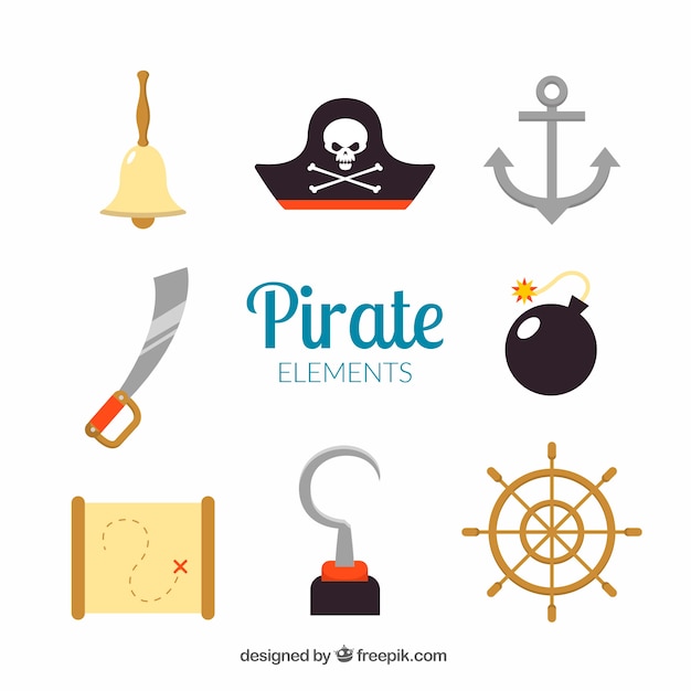 Free vector pack of pirate elements in flat design