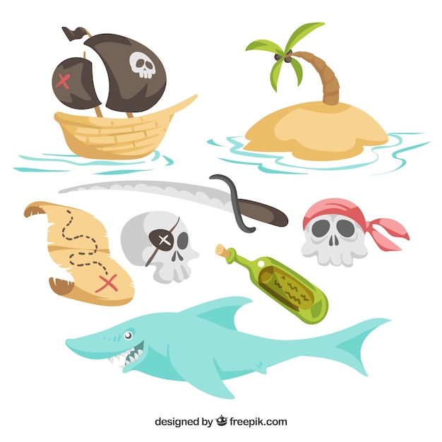 Free vector pack of pirate elements and shark