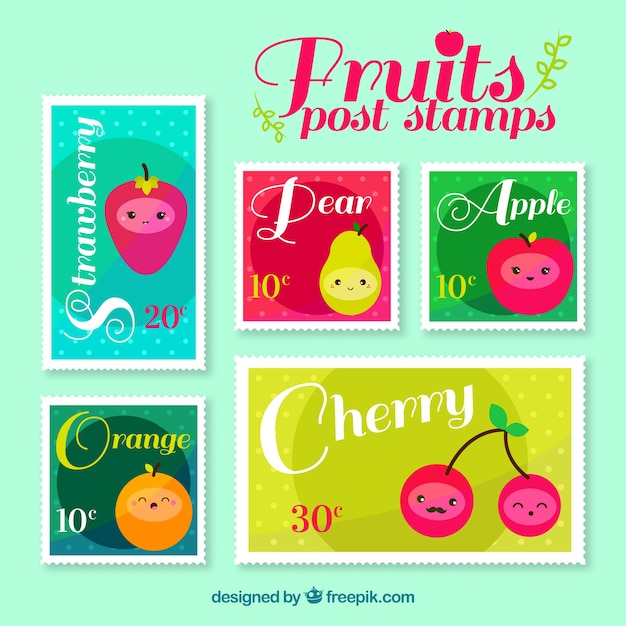 Pack of post stamps with fruit characters