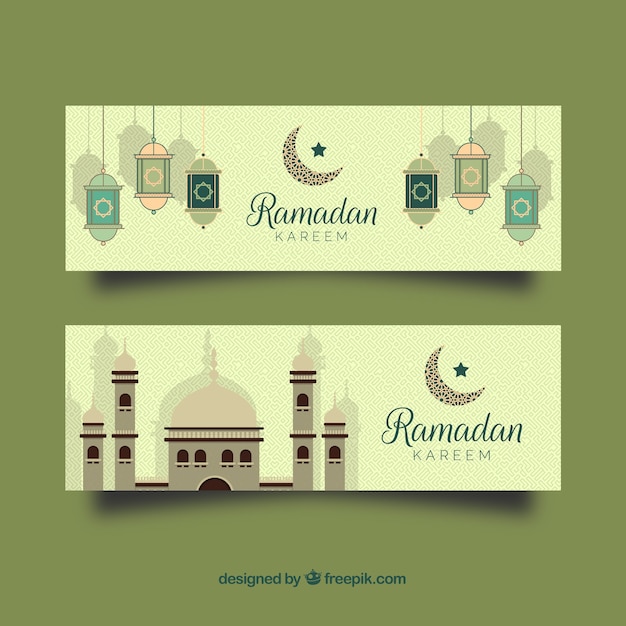 Free vector pack of ramadan banners with mosque and lamps