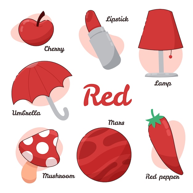 Pack of red objects and vocabulary words in english