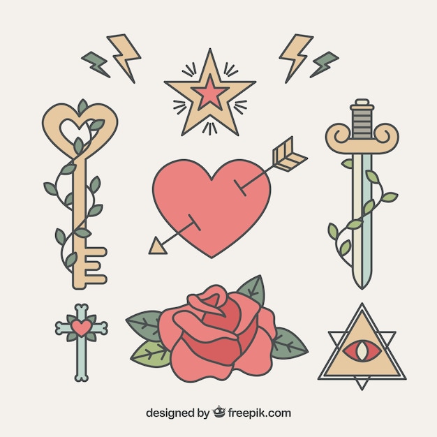 Free vector pack of romantic tattoos in linear style