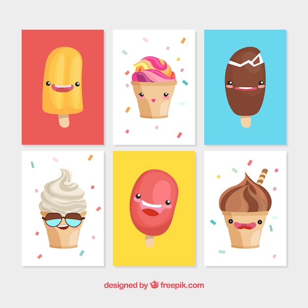 Pack of six cards with funny ice cream characters