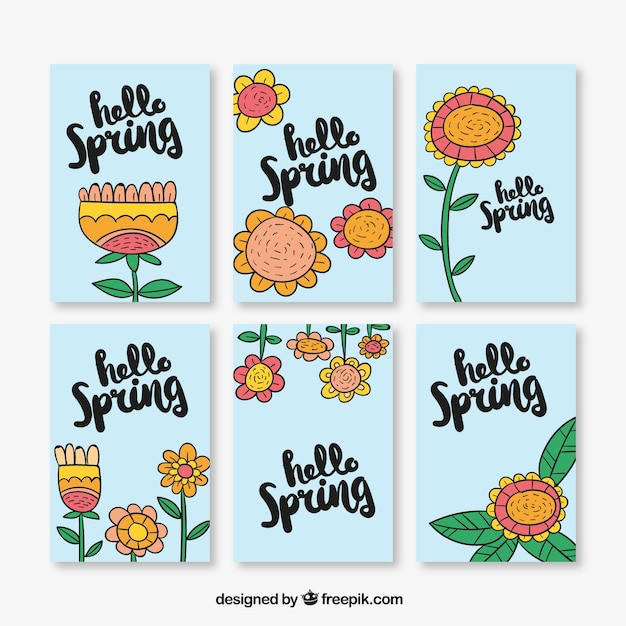 Free vector pack of six greeting cards with hand-drawn flowers