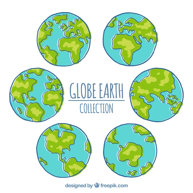 Free vector pack of six hand-drawn earth globes