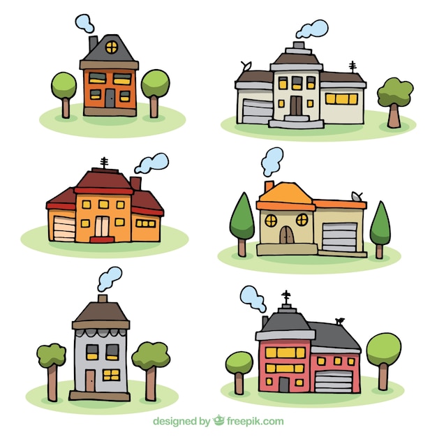 Free vector pack of six hand drawn houses