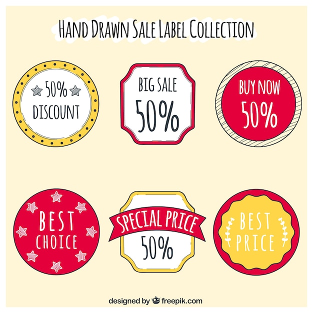 Free vector pack of six hand-drawn sale stickers