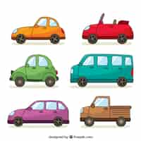 Free vector pack of six hand-drawn vehicles