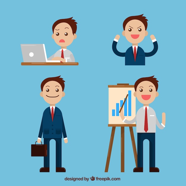 Pack of smiling businessman character in different situations