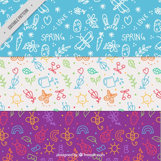 Pack of spring patterns with cute doodles