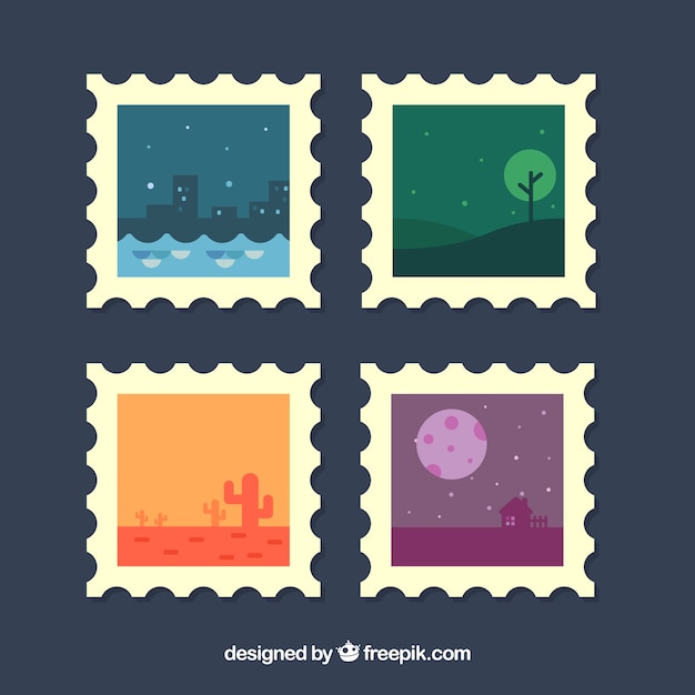 Free vector pack of stamps with landscapes in flat design