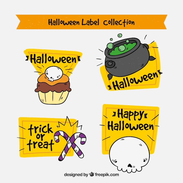 Free vector pack of stickers with hand drawn halloween elements