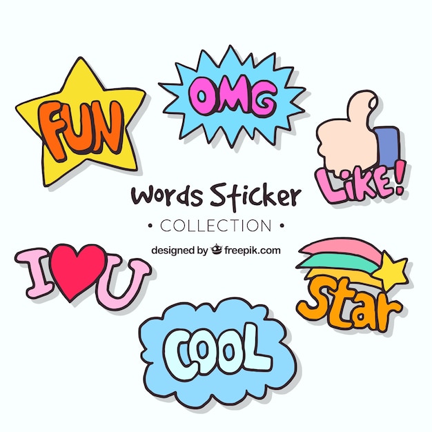 Pack of stickers with hand drawn words