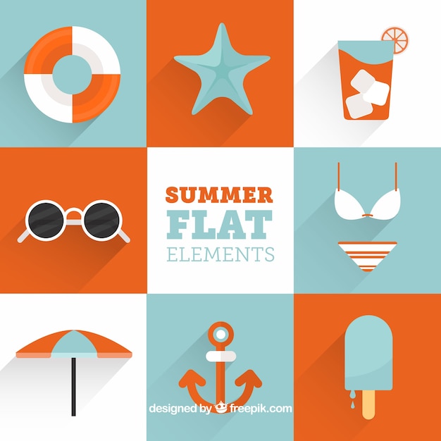 Pack of summer objects with orange details in flat design