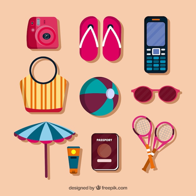 Free vector pack summer travel accessories in flat design