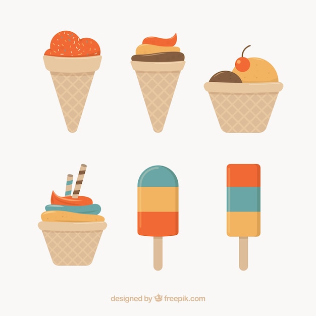 Pack of tasty ice creams in retro style