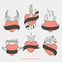 Free vector pack tattoo of hand drawn hearts