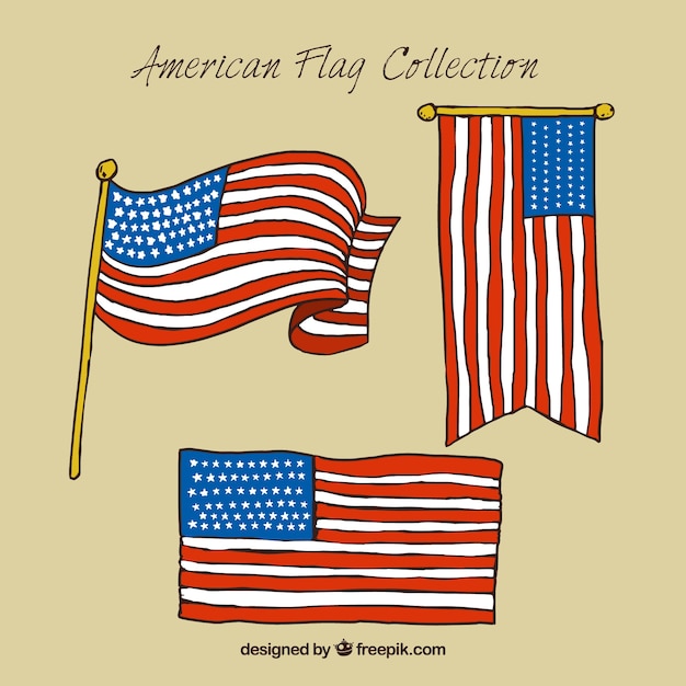 3つの手描きのアメリカの旗のパック