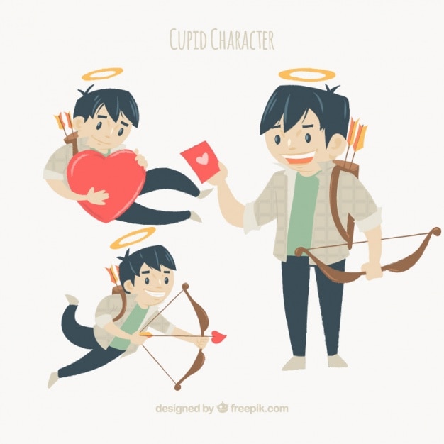 Free vector pack of three smiling cupids with arrows and hearts