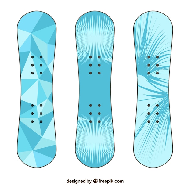 Pack of three snowboards in blue tones