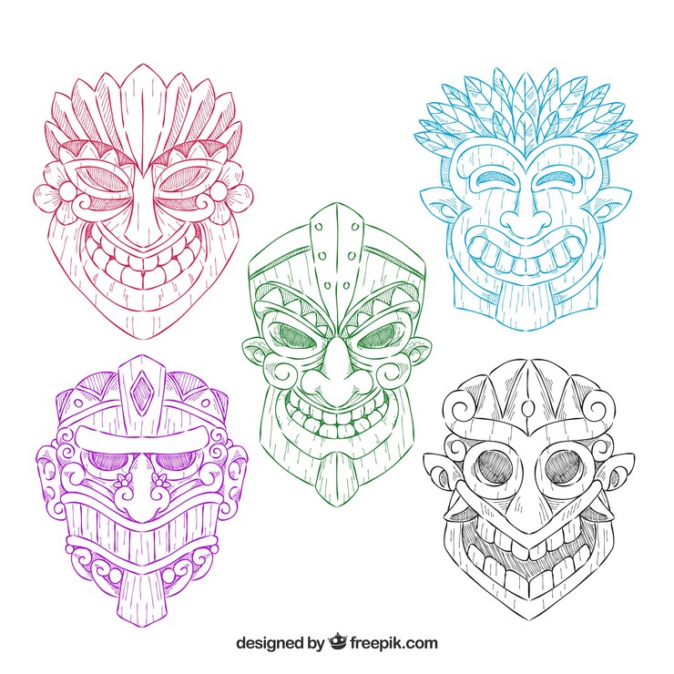 Free Vector pack of tiki masks of colors drawn by hand