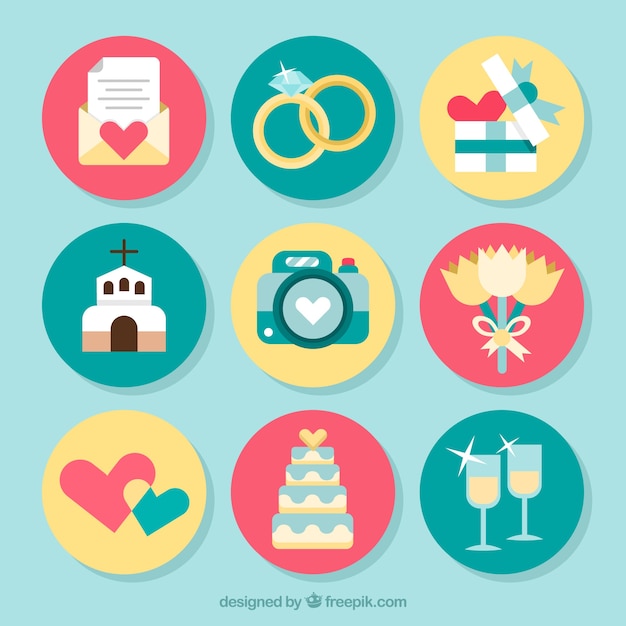 Free vector pack of tipical wedding elements in flat design