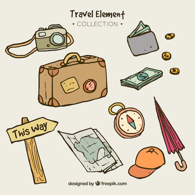 Vettore gratuito pacchetto di elementi di elementi di viaggio