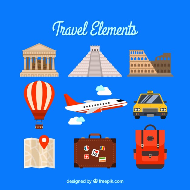 Pack of travel elements with monuments and transport