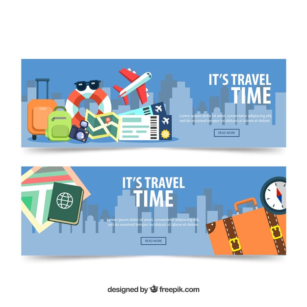 Pack of travel time banners in flat design