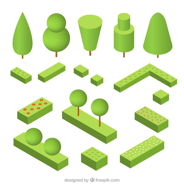 Pack of trees and shrubs in isometric design