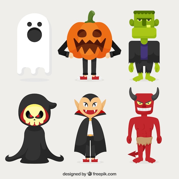 Pack of vampire and other halloween characters in flat design